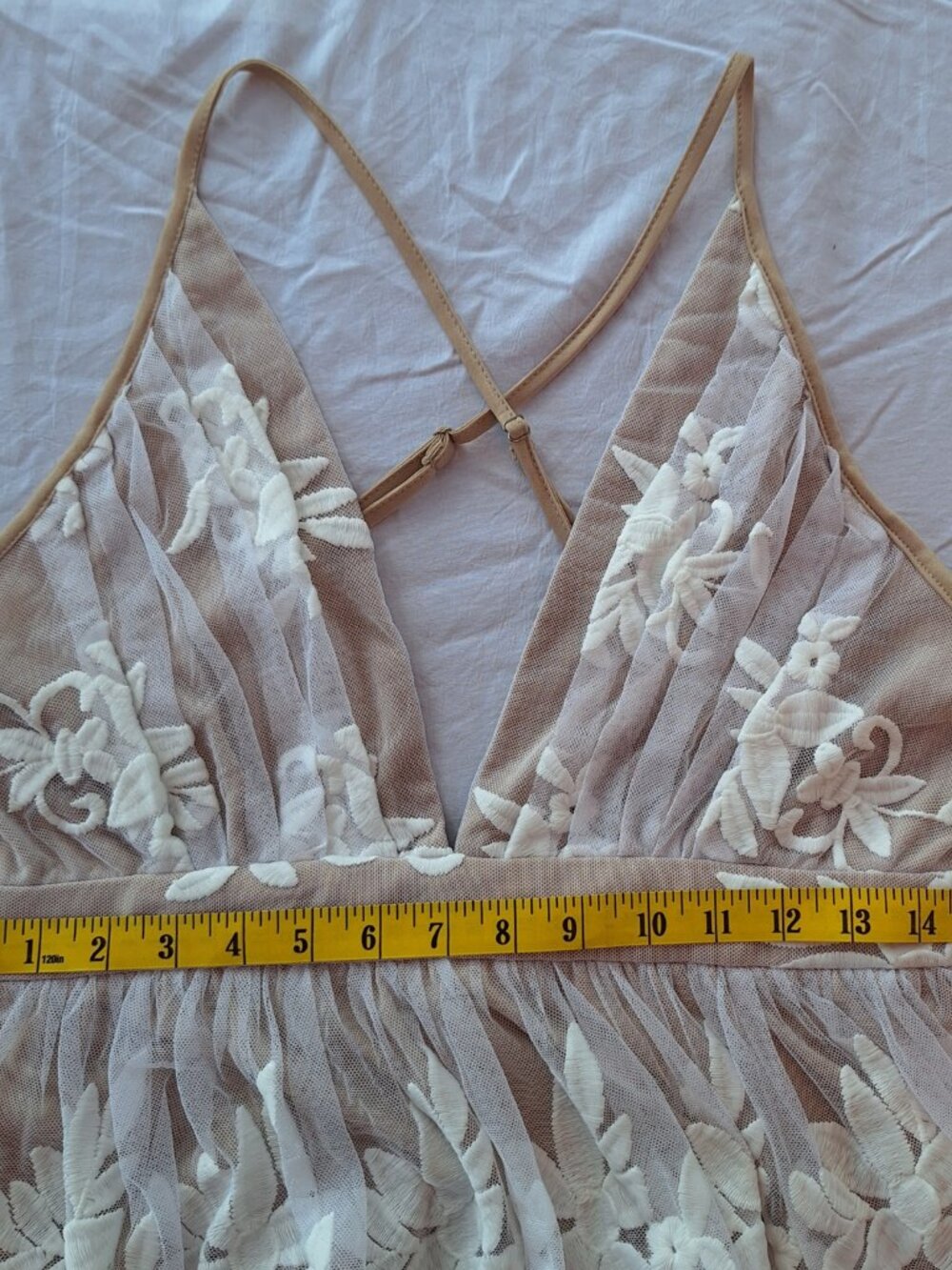 Ethereal Embroidered Lace Maxi Dress Nude Mesh White Floral Open Back L - Picture 6 of 10